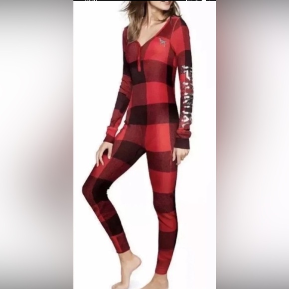 PINK Victoria's Secret Other - Victoria's Secret PINK Red Buffalo Plaid Holiday Union Suit Pajama Sequin Sz XS